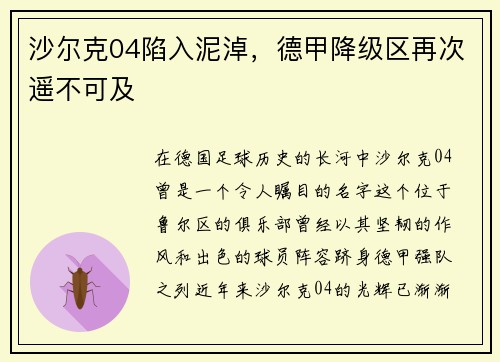沙尔克04陷入泥淖，德甲降级区再次遥不可及